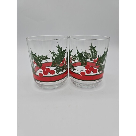 Vintage Set of (2) LIBBY Holly & Berries Ribbon 4" Old Fashioned Rocks Glasses - Picture 8 of 8
